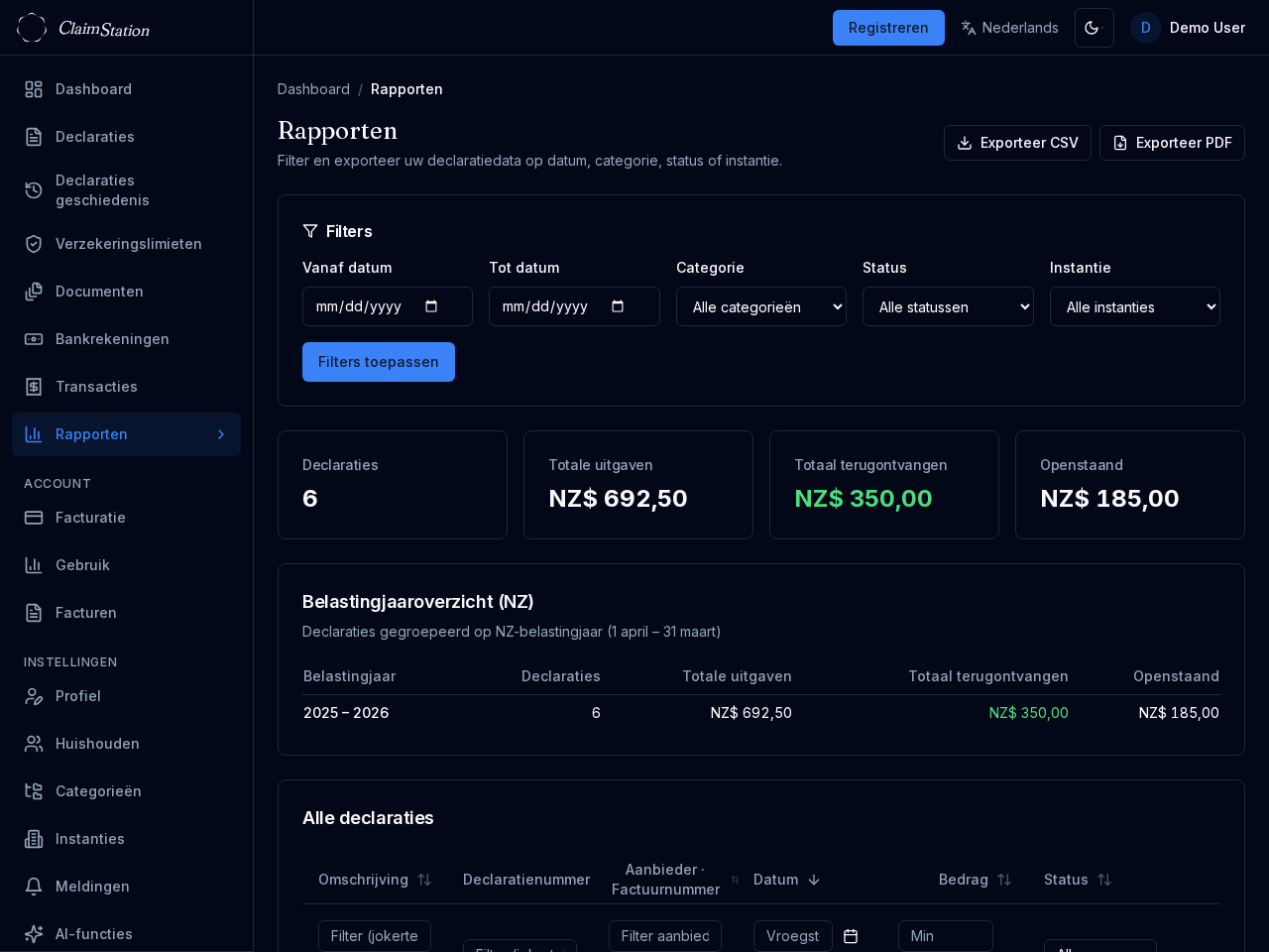 ClaimStation rapportenweergave